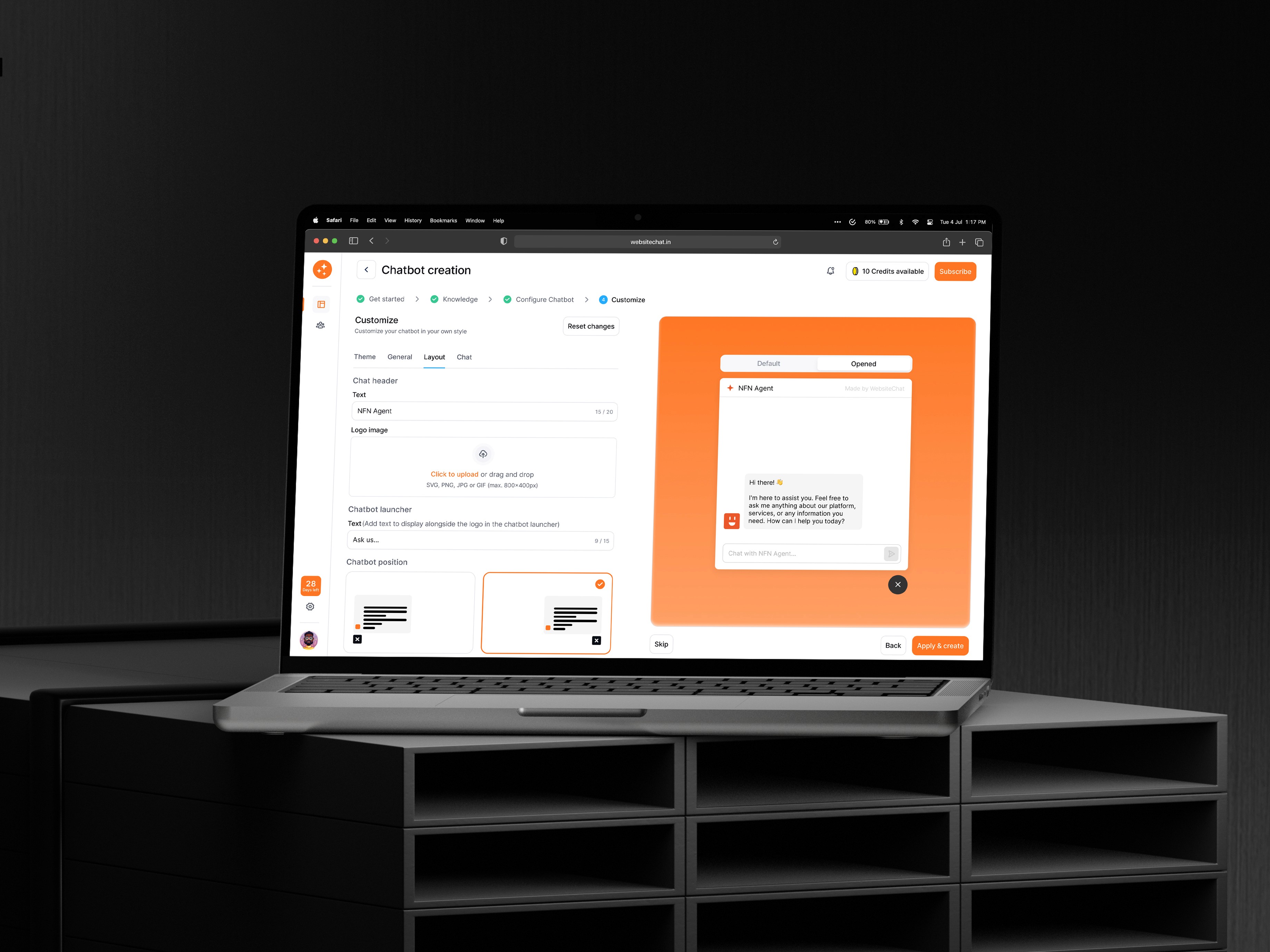 Laptop screen showing customization settings for AI assistant in WebsiteChat panel