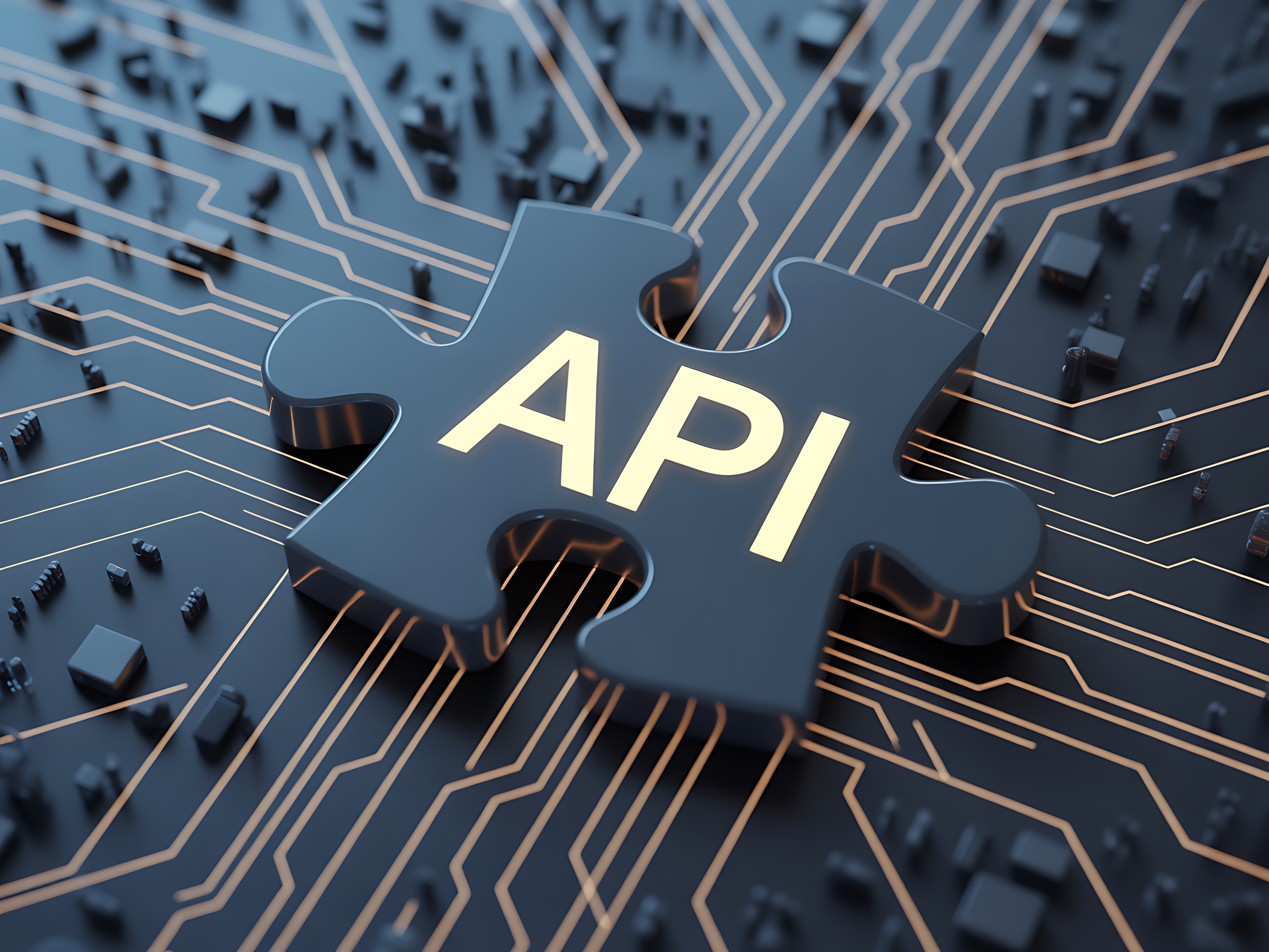 A large 3D puzzle piece with 'API' text fitting into a glowing circuit board, representing seamless PlatformGold integration.