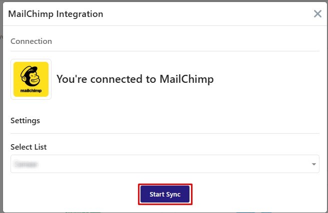 Select Mailchimp List and Start Sync