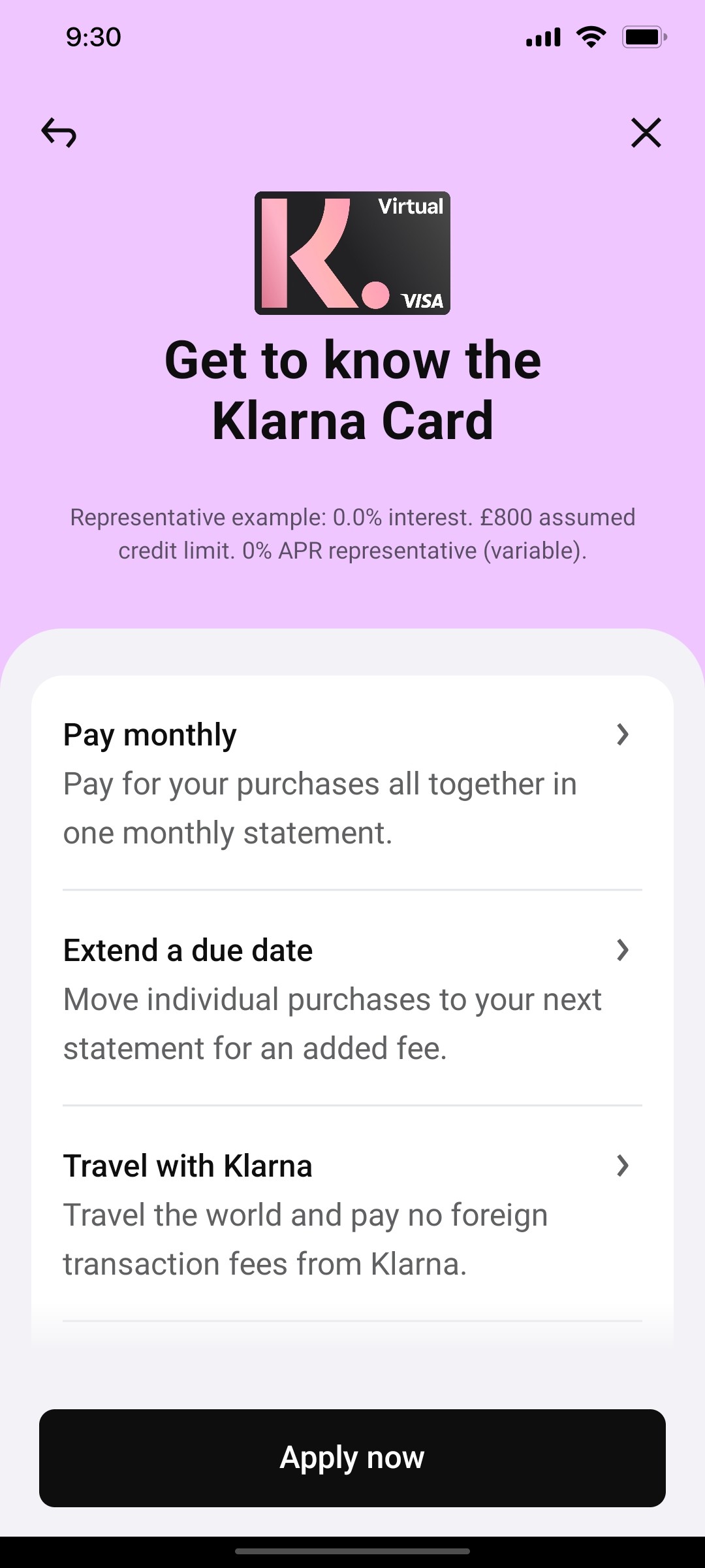 Klarna Apply Now Page Screen