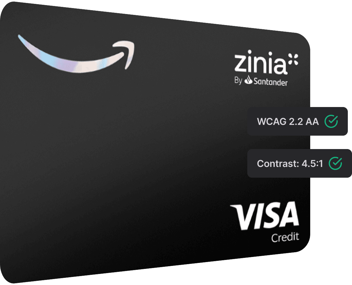 Accessibility-focused design mockup for a Zinia and Amazon co-branded credit card. The visual demonstrates adherence to WCAG 2.2 AA standards and optimal color contrast ratios for inclusive design.