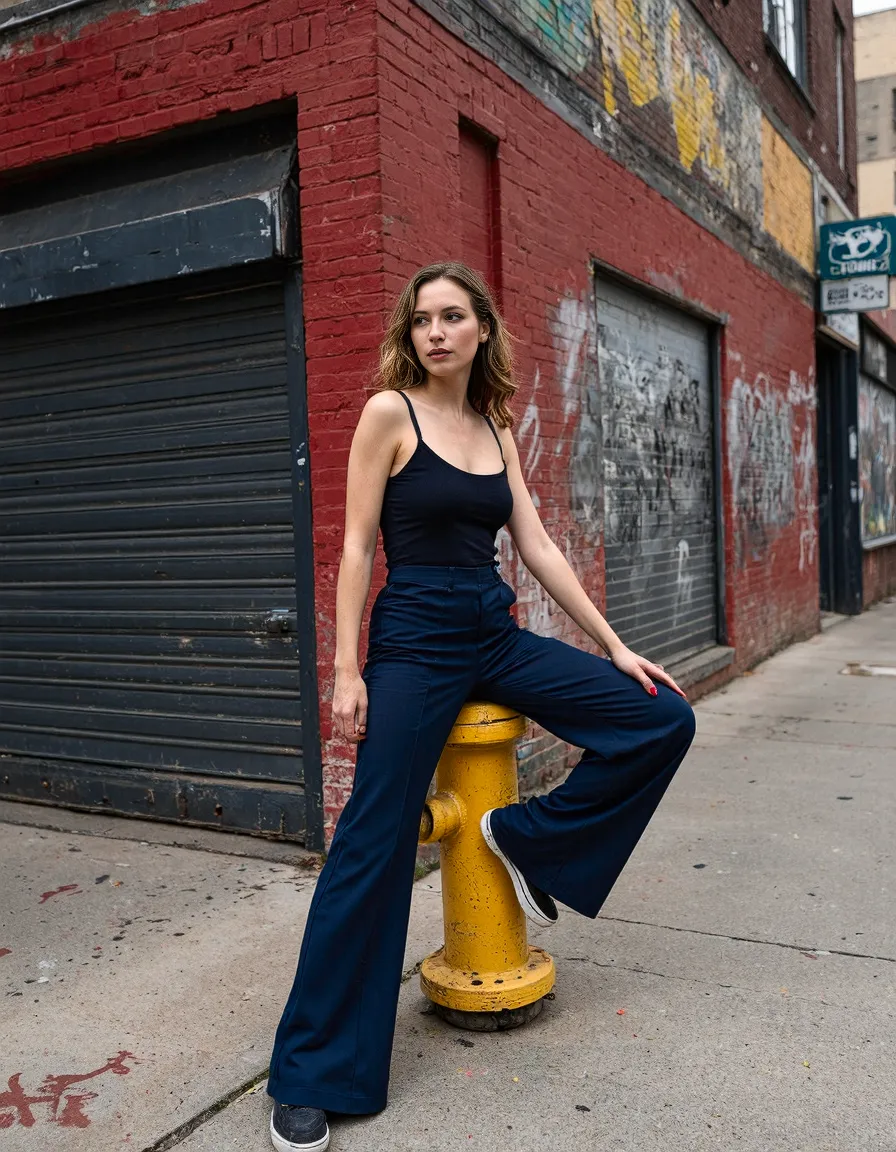 Fashion portrait featuring navy outfit against red brick wall in urban setting, with bright yellow fire hydrant adding visual contrast