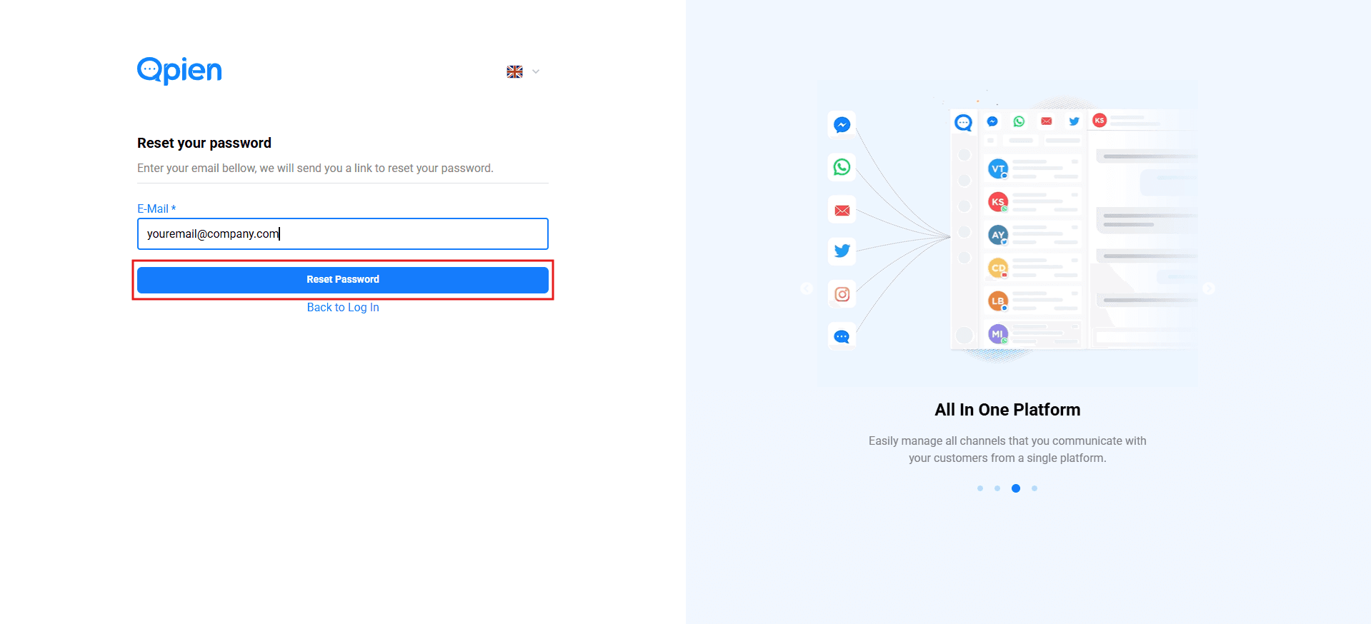 Screenshot of the Qpien password reset screen asking for an email address