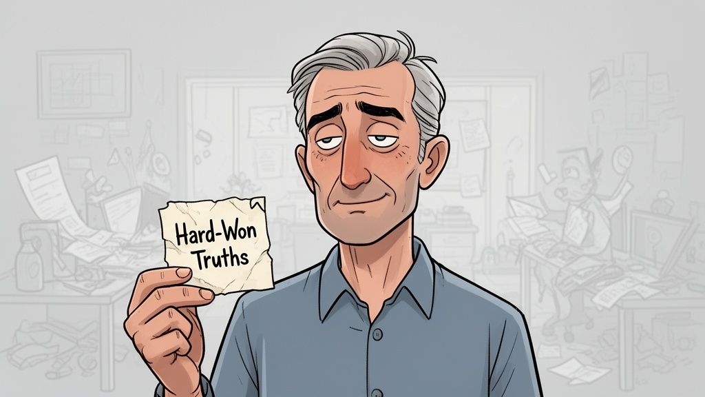 A cartoon illustration of a middle-aged man holding a piece of paper that says Hard-Won Truths.
