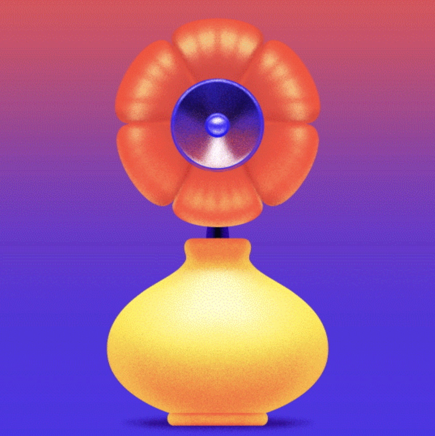 Ilustração de um vaso amarelo com uma única flor laranja com seu centro contendo um subwoofer de caixa de som em azul. O fundo é um gradiente de vermelho rosado para o roxo.