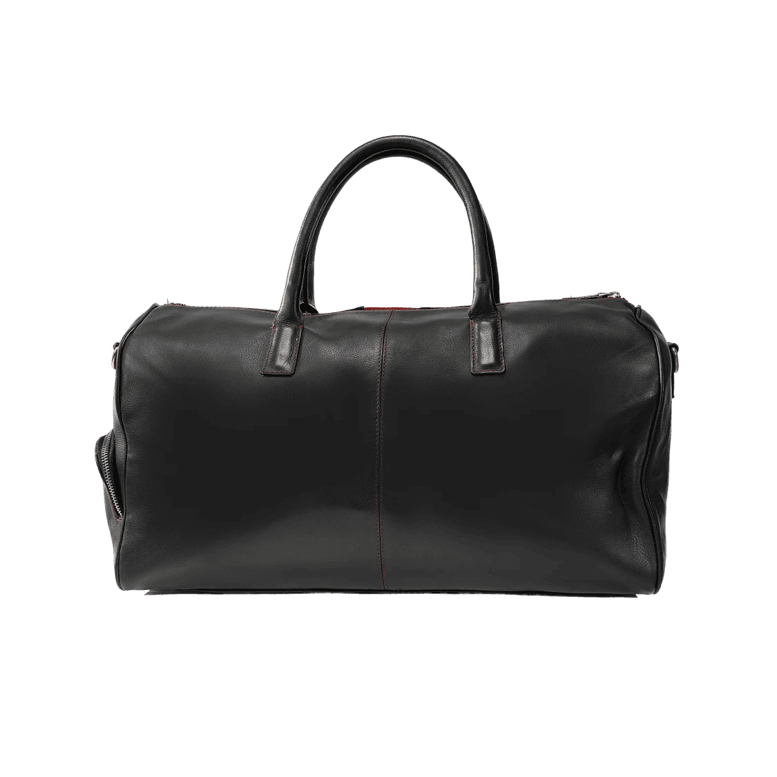 Black leather duffel bag on a white background