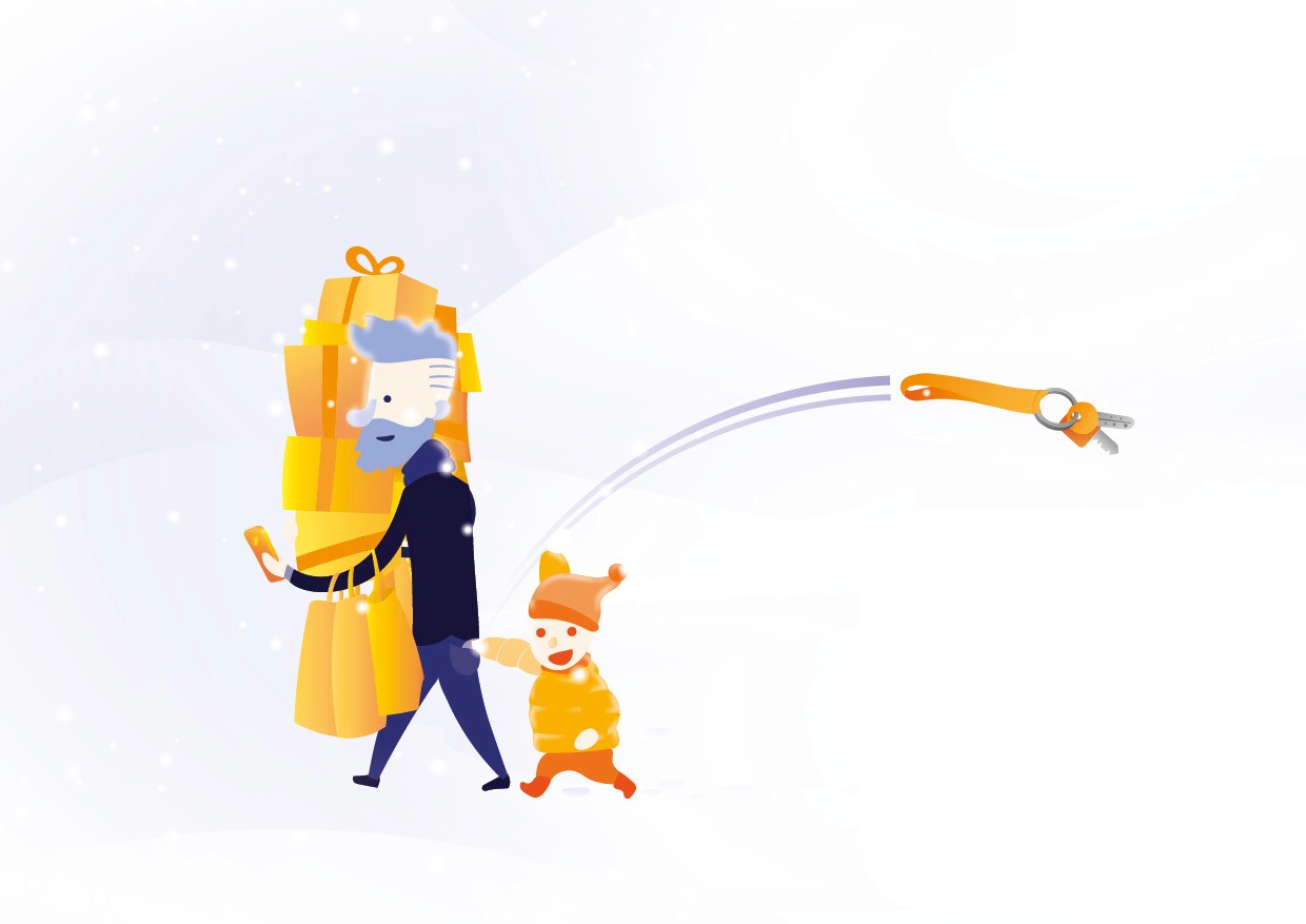 Illustration of a man with his boy walking in the snow and the boy throws the keys in the snow without the father noticing because he is preoccupied with his cell phone.