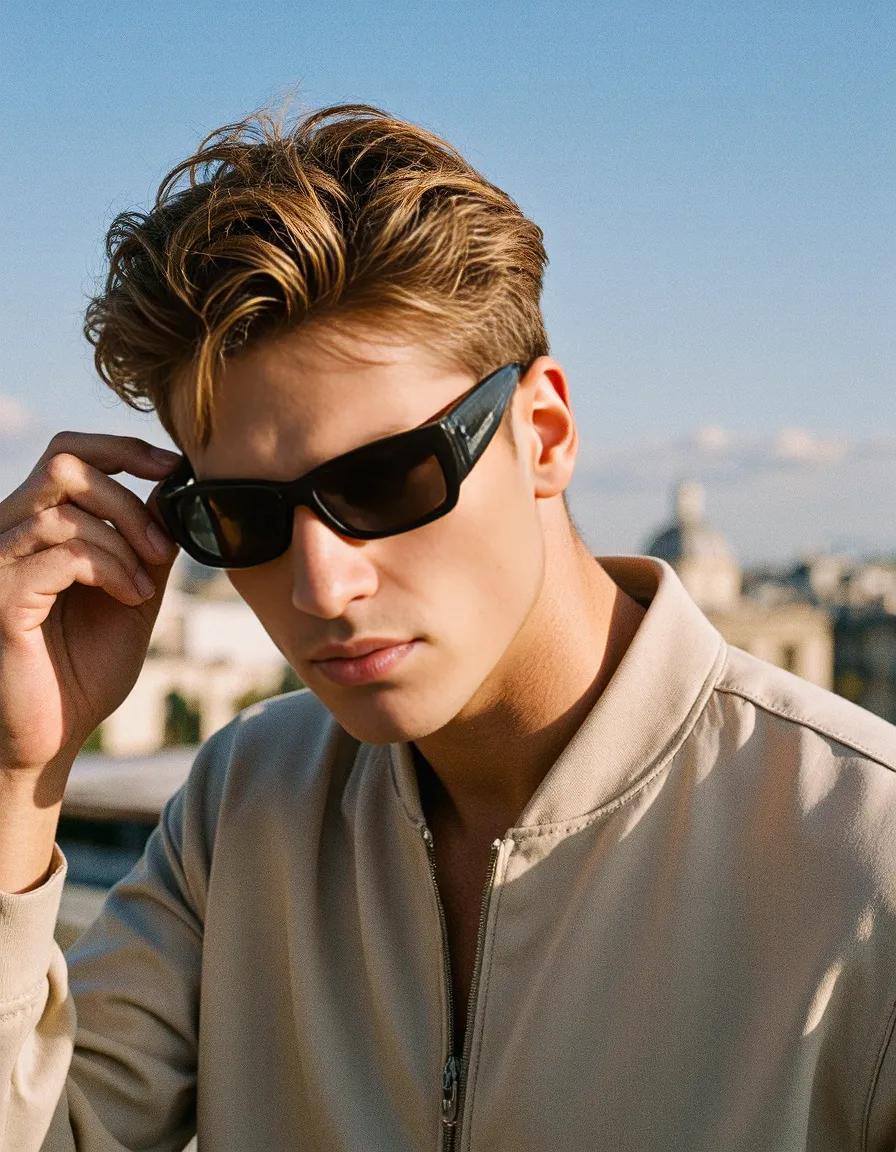 Stylish portrait in warm sunlight featuring dark sunglasses and beige jacket against urban cityscape with clear blue sky