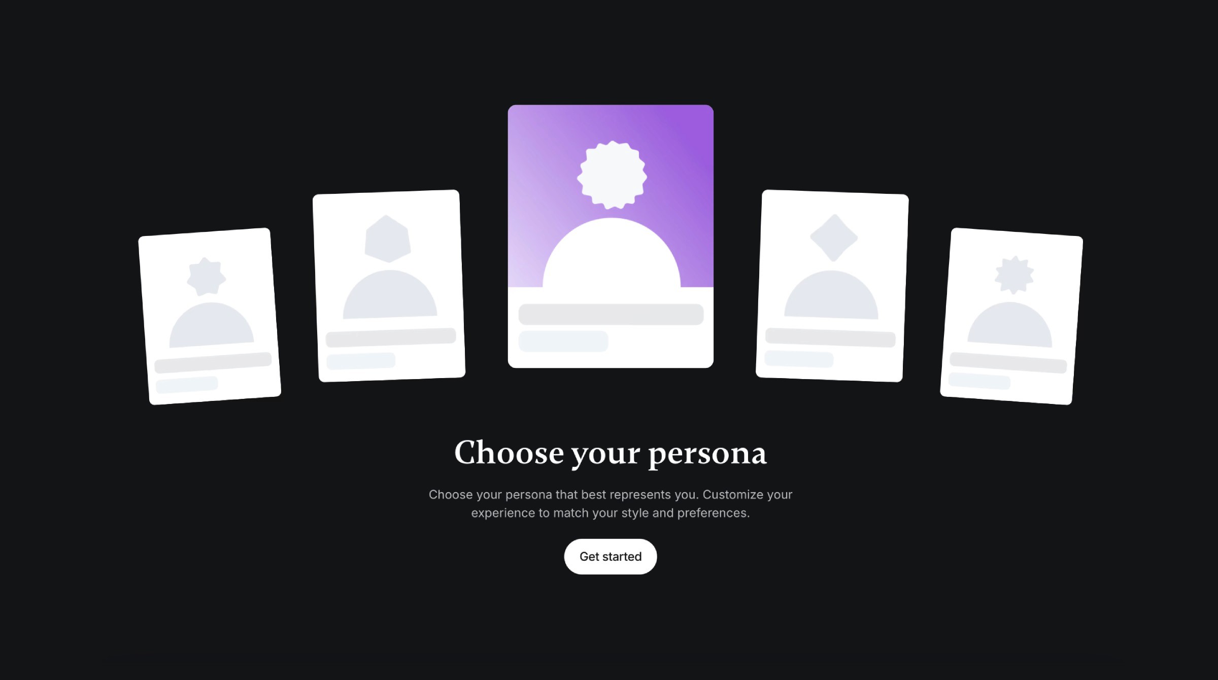 Interactive UI section inviting users to 'Choose your persona,' featuring customizable persona cards and a call-to-action button