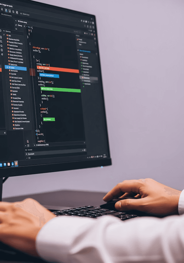 ``` Developer's hands typing on a keyboard in a dark workspace, with code visible on screen