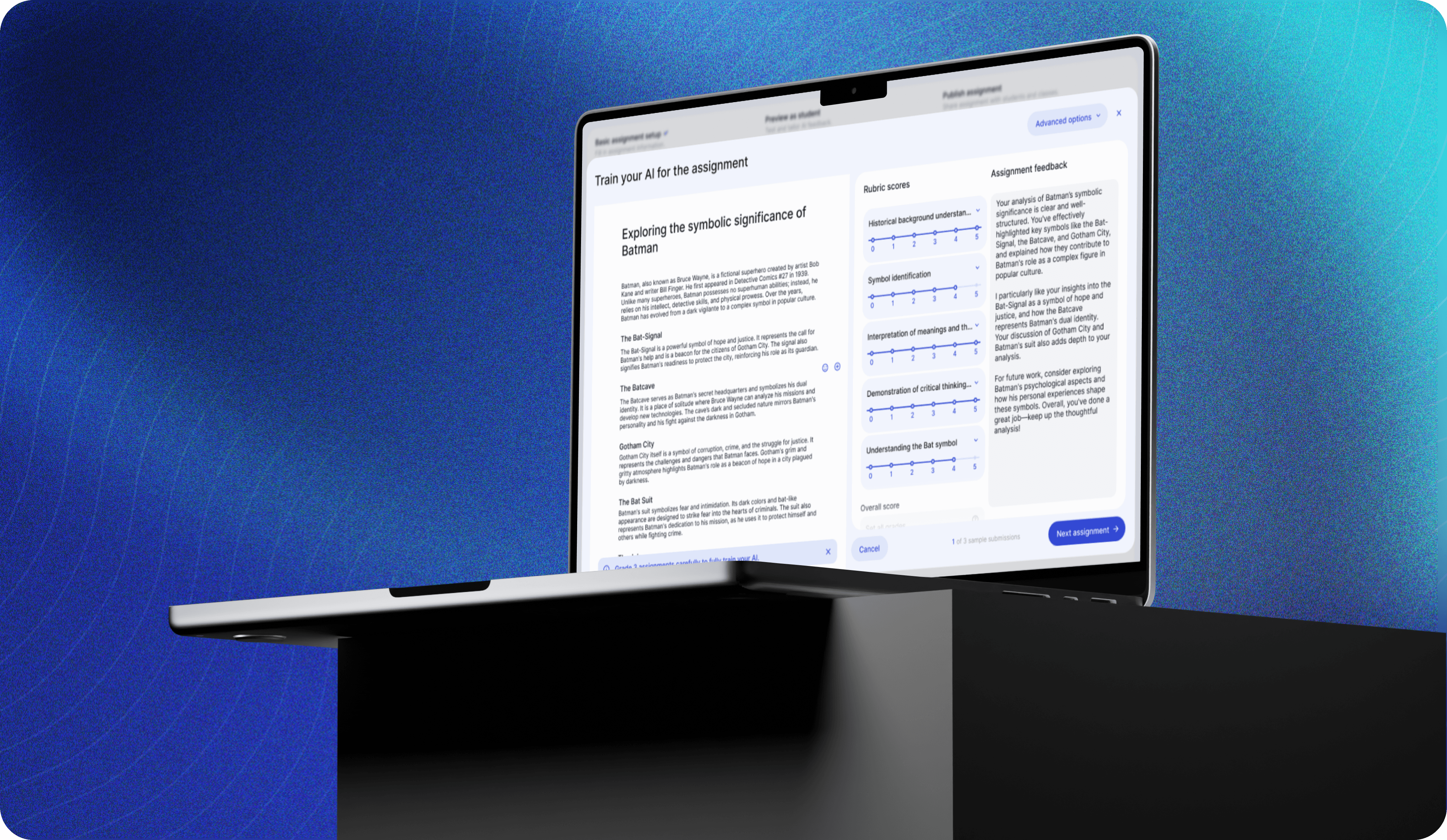The visual depicts a laptop displaying an educational platform interface called EnlightenAI, set against a blue gradient background with subtle wave patterns. Screen Content: The interface shows a section titled "Train your AI for the assignment". An assignment titled "Exploring the symbolic significance of Batman" is visible, with detailed paragraphs discussing various symbols related to Batman, such as the Bat Signal, the Batcave, Gotham City, and the Bat Suit. On the right side, there is a rubric with scores for various criteria, including Historical background understanding, Symbol identification, Interpretation of meanings and themes, Demonstration of critical thinking, and Understanding the Bat symbol. Each criterion is rated on a scale from 1 to 5. Below the rubric scores, there's a section for Assignment feedback, providing a detailed analysis of the student's work, including praise for insights and suggestions for further exploration. UI Elements: A button labeled "Next assignment" is located at the bottom right corner of the screen, next to a "Cancel" button. The design highlights the AI-assisted feedback and grading features of the platform, aimed at helping educators provide detailed, structured feedback on student assignments.