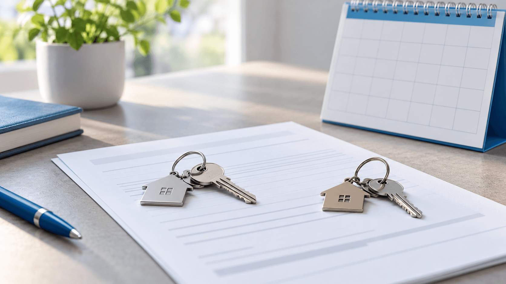 Two sets of house keys on a document beside a blank blue-trimmed calendar.