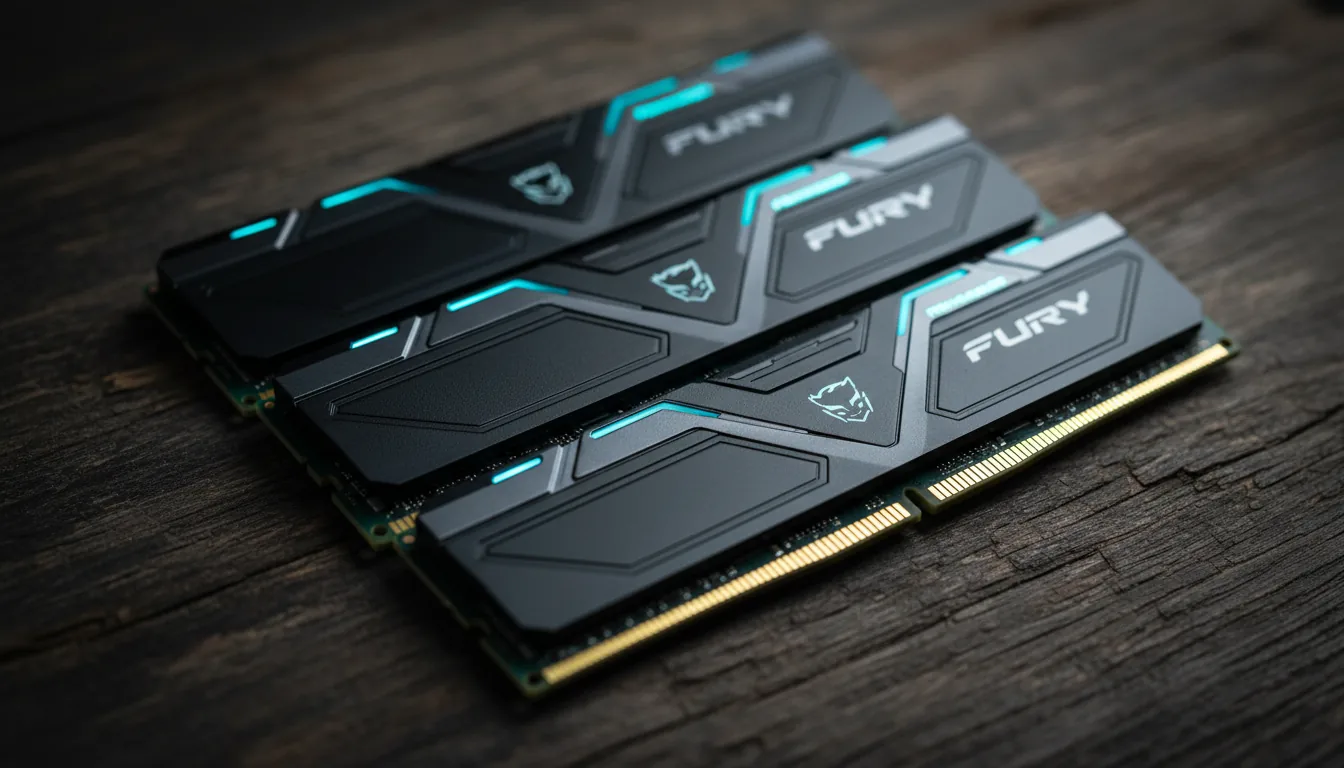 DSLR macro photograph of four Kingston FURY Renegade DDR4 RAM sticks laid out in a diagonal row on a dark, textured wood grain table. The shot is a high-angle view with a shallow depth of field, focusing on the middle sticks. Moody, cinematic contrast lighting with cool teal and blue highlights glinting off the matte black and dark grey metallic heat spreaders. The intricate details of the hardware and the gold contacts are clearly visible.