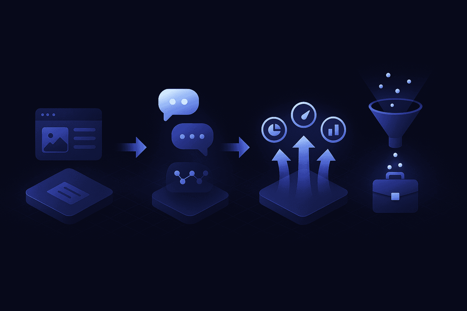 Isometric flow diagram linking content creation, AI engines, citation metrics, and resulting sales pipeline.