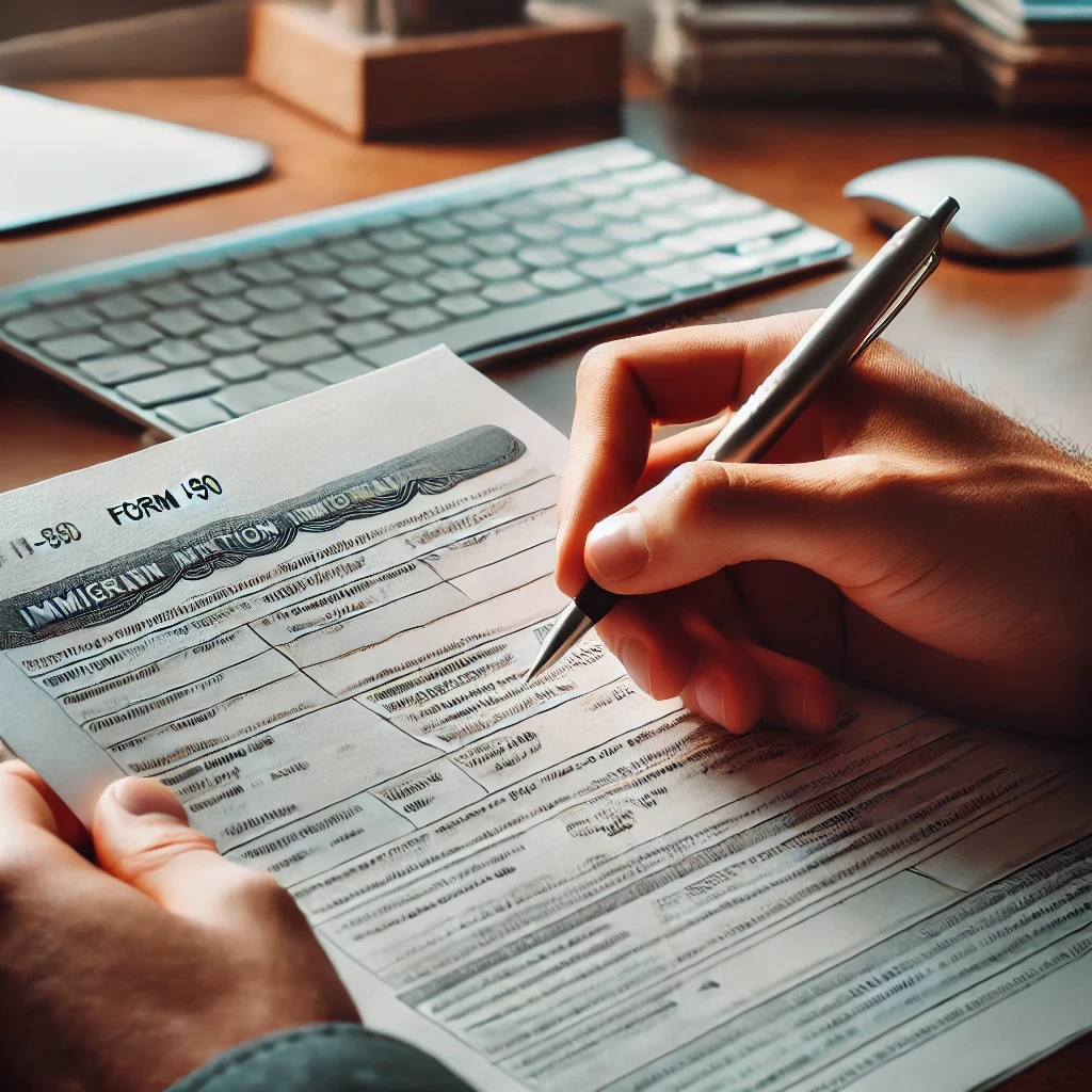 Person filling out Form I-90 for green card renewal on a wooden desk with a pen and office supplies in the background.