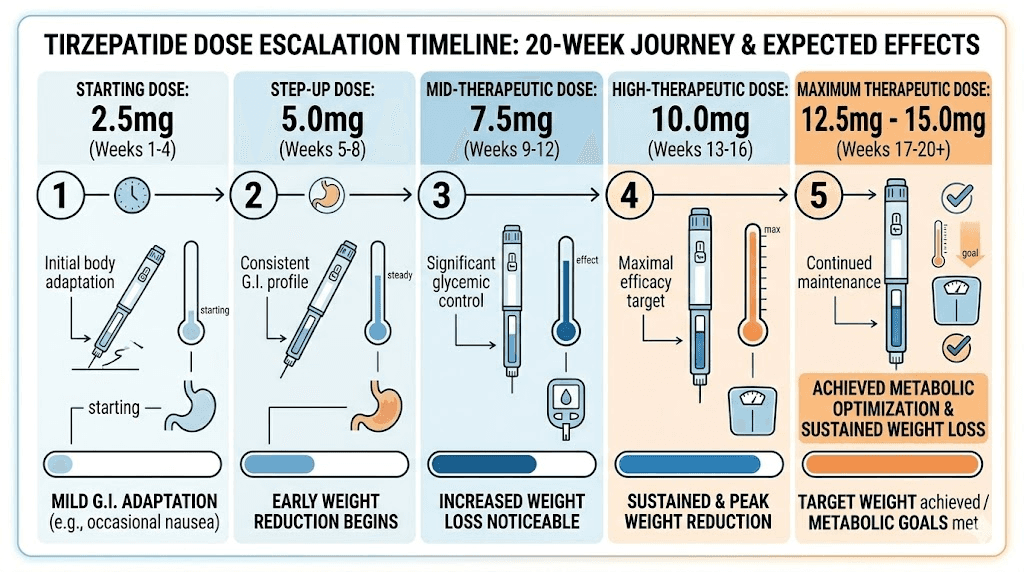 Tirzepatide dose escalation timeline showing expected results at each dose level