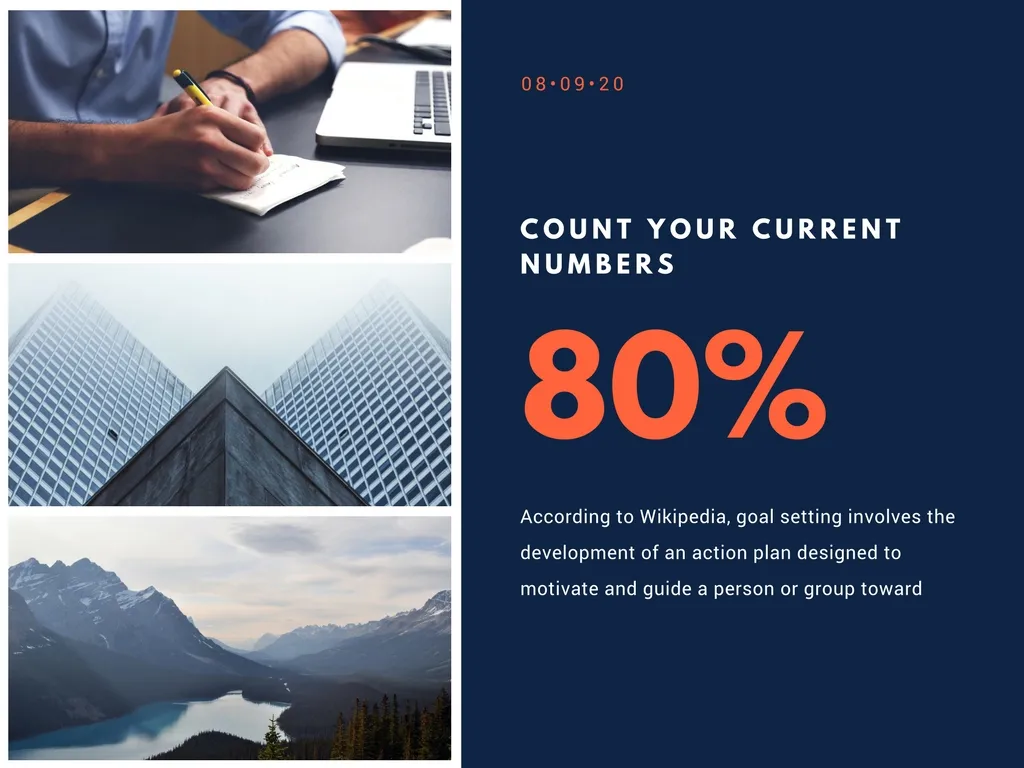 A presentation slide split vertically. The left side features three photographic panels: hands writing in a notebook next to a laptop, modern skyscrapers viewed from below, and a serene lake surrounded by mountains. The right side has a dark blue background with text "COUNT YOUR CURRENT NUMBERS," a large "80%" in orange, and an unfinished quote about goal setting from Wikipedia, suggesting a focus on assessing current status and goal setting.