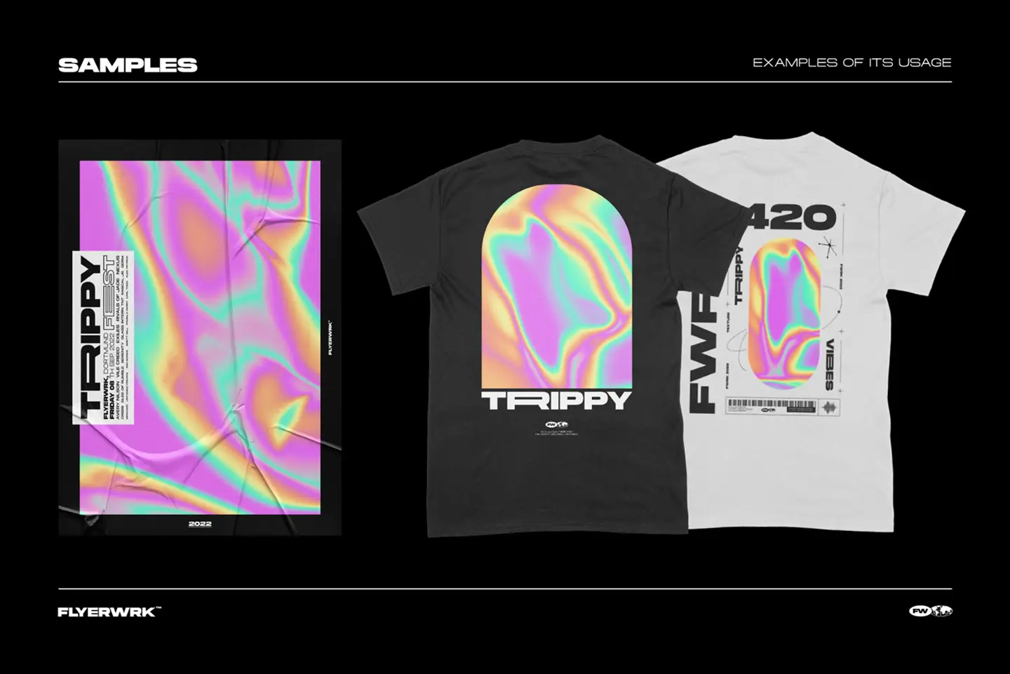 Trippy psychedelic backgrounds used on t-shirt mockups and poster designs to show creative apparel usage