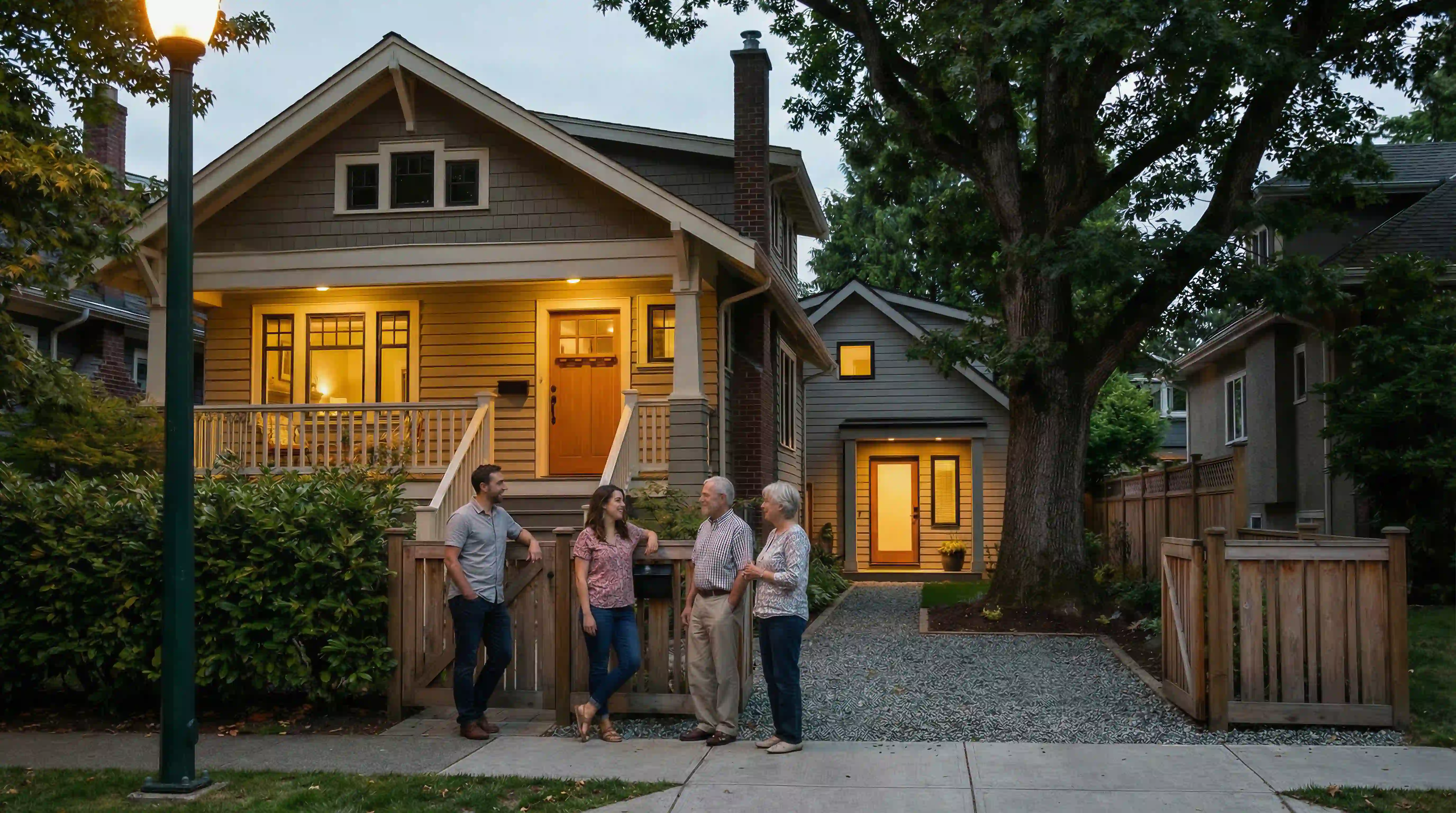 Family standing outside a primary home with a laneway home in the backyard at dusk