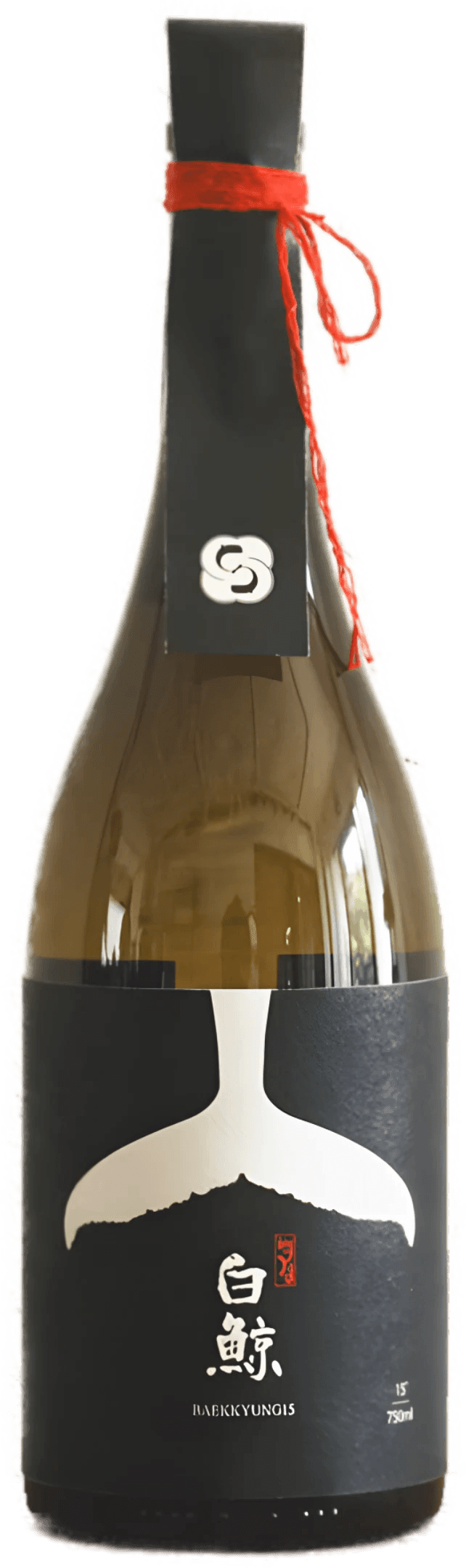 A bottle of premium Korean rice wine featuring a black label with a white whale tail graphic and red accents. Baekkyung 15 Premium - yakju - cult