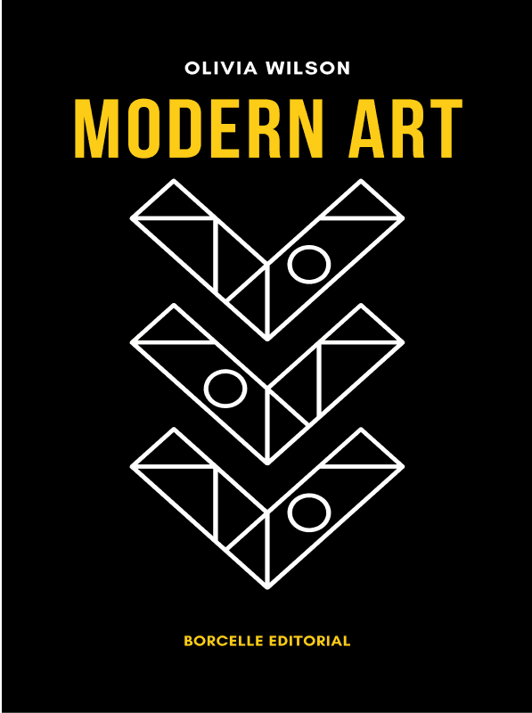 A black book cover titled "Modern Art" features a minimalist geometric design in white, with three stacked, abstract shapes including circles and lines, along with the author's name, Olivia Wilson, and the publisher, Borcelle Editorial.