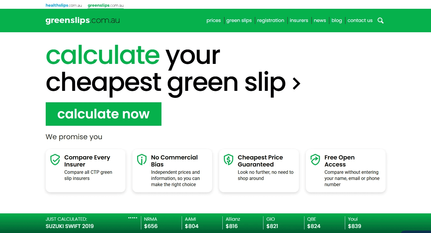 Green slips calculator website homepage after UI uplift