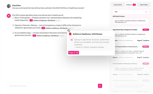 Sharly citing research sources with inline references and automatic APA formatting for ethical AI analysis
