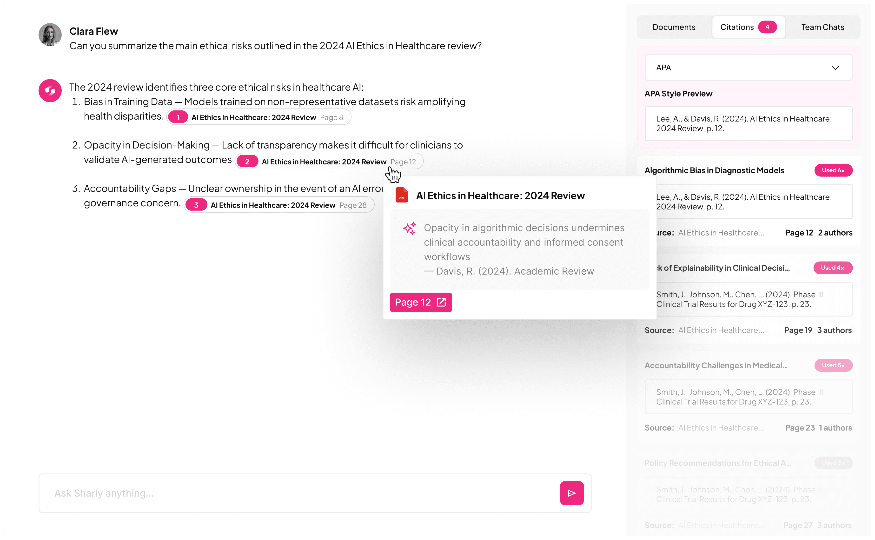 Sharly citing research sources with inline references and automatic APA formatting for ethical AI analysis