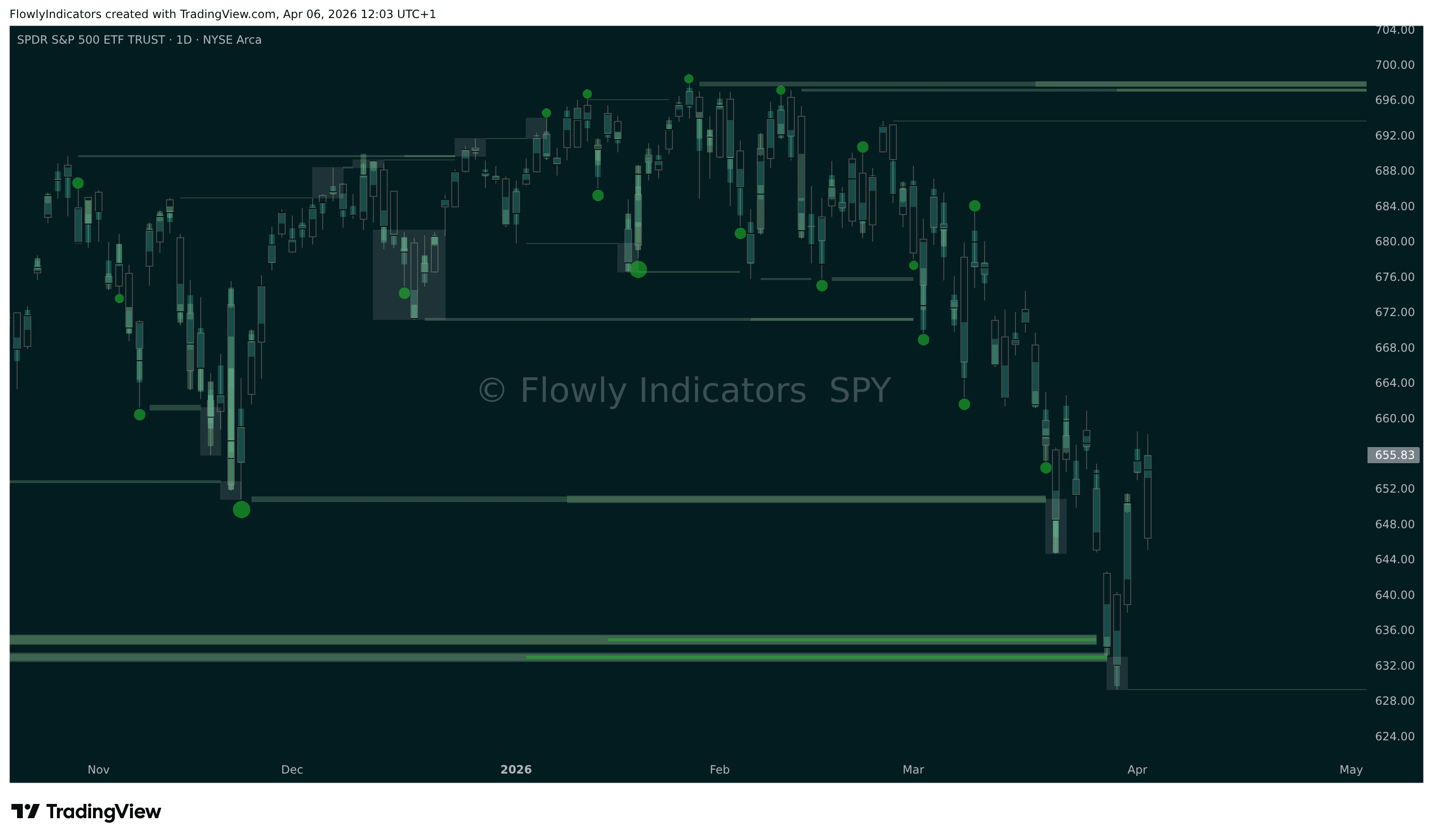 Trading chart of S&P 500 (SPY) showing recent liquidity levels, liquidations and unusual volume patterns.
