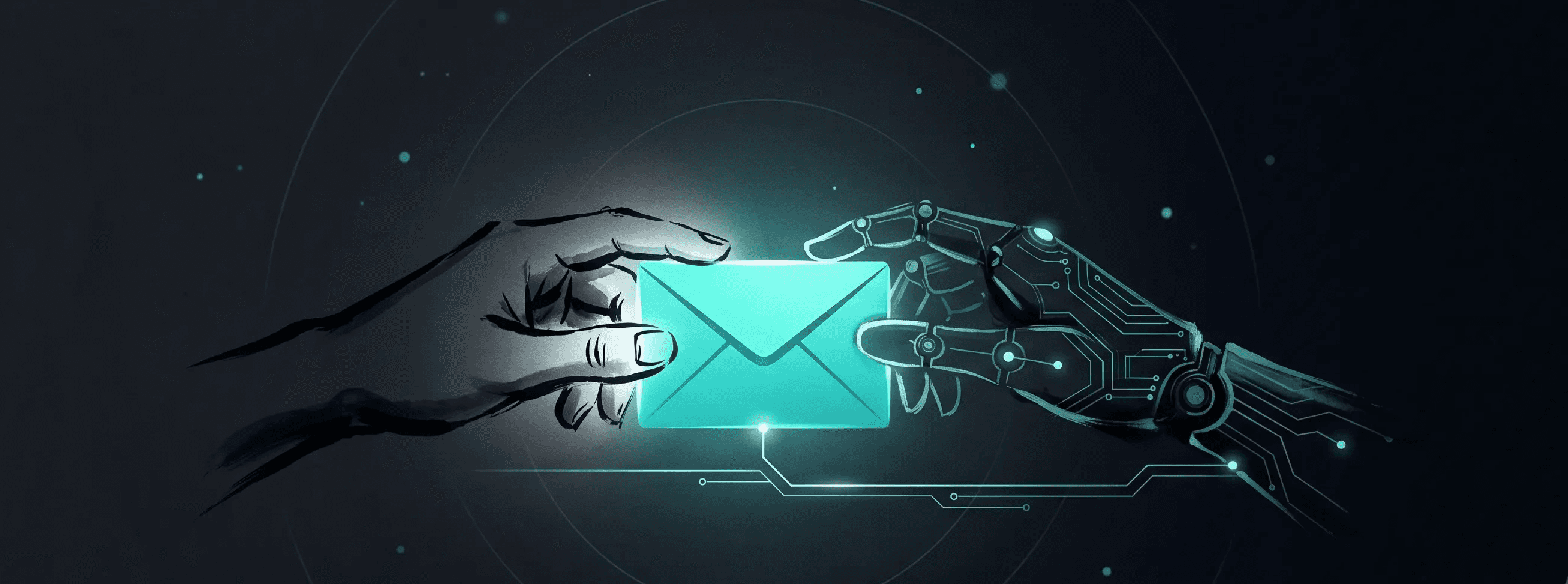 A human ink-brush hand and an AI circuit-line hand together cradling and guiding a single glowing teal email envelope between them, illustrated in Japanese minimalist ink style with teal and blue on a black background, representing the human-in-the-loop model behind the best AI sales agents and AI SDR tools for B2B outbound.