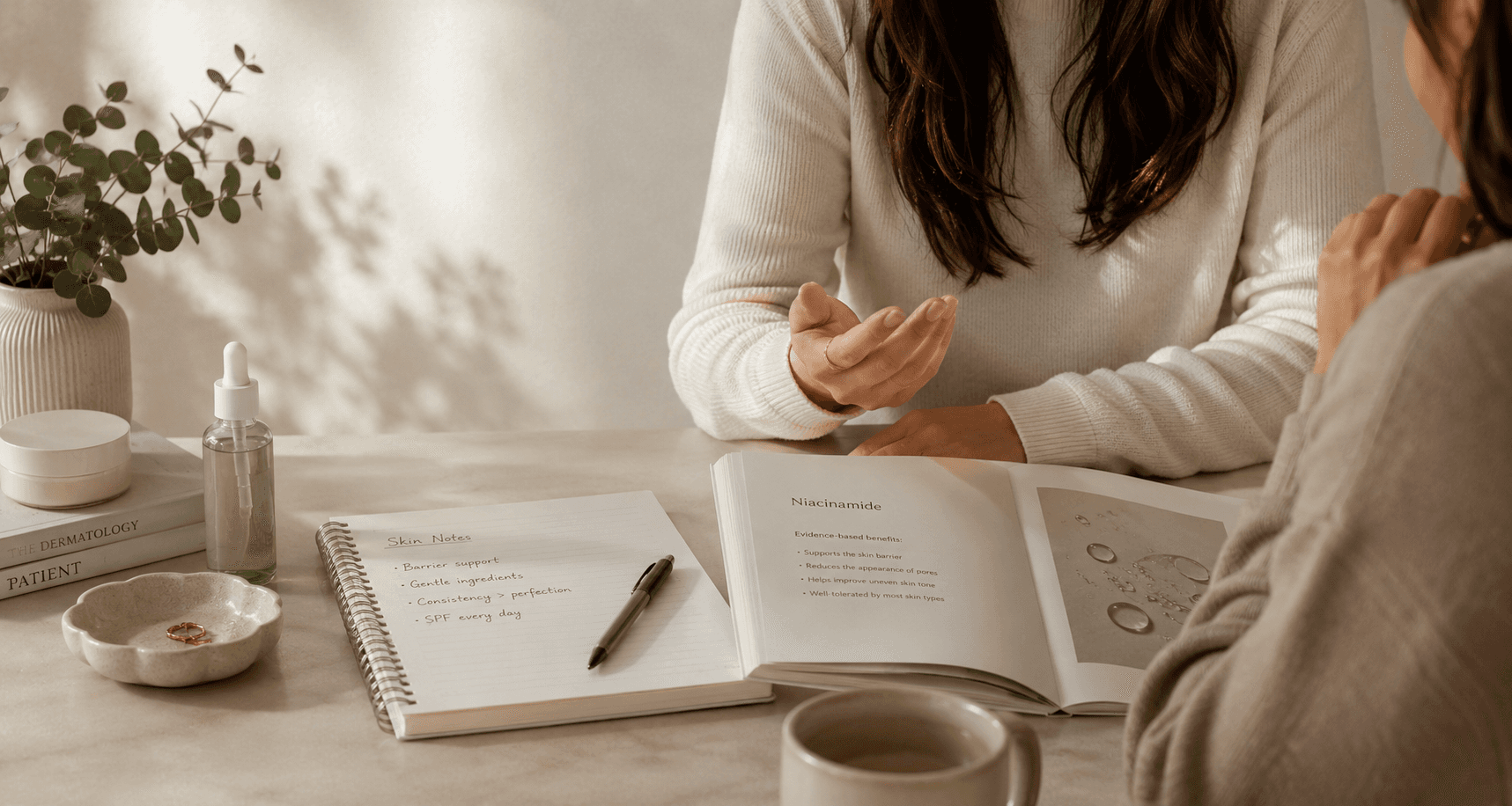 Dermatology consultation scene with skincare products, notes, and two people discussing sensitive skin care in a calm, softly lit setting.