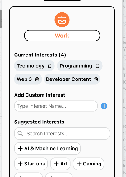 Early manage sheet: current interests, each tag carrying a trash icon