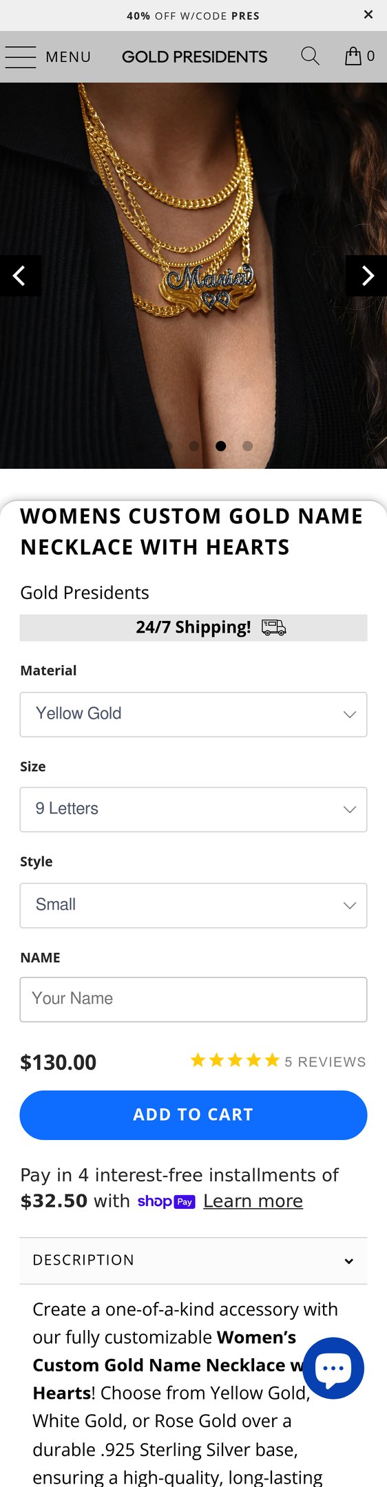 Jewelry product options include: necklace for Womens Custom Gold Name Necklace with Hearts from Pres.