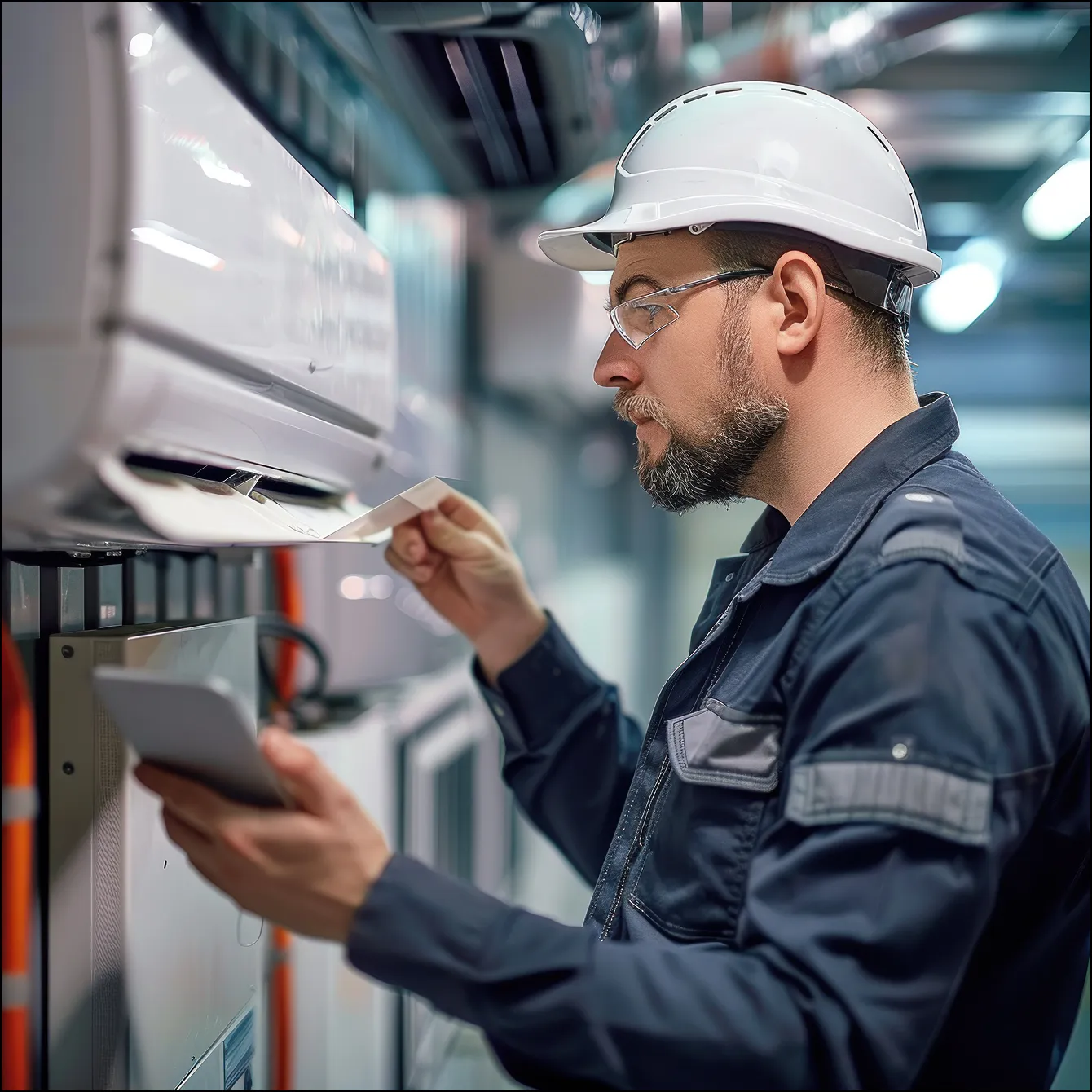 HVAC technician wearing a hard hat inspecting an indoor air conditioner unit for AC repair services.