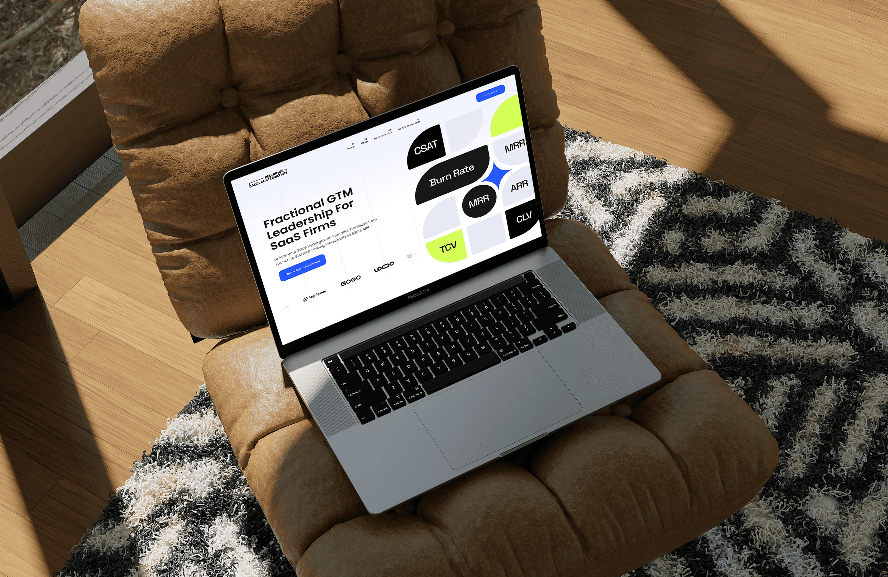 "Homepage design of Bell Rings Sales Acceleration, a SaaS growth consultancy. The page features bold typography with the headline 'Fractional GTM Leadership for SaaS Firms,' a call-to-action button for a free assessment, and graphical elements highlighting key SaaS metrics like CSAT, Burn Rate, MRR, ARR, TCV, and CLV. The navigation menu includes Home, About, Founder & CEO, and SaaS Sales Leaders, with a 'Let's Chat' button in the top right corner."