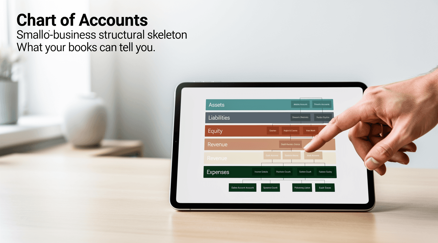 A chart of accounts viewed on a clean tablet interface with five top-level category headers visible