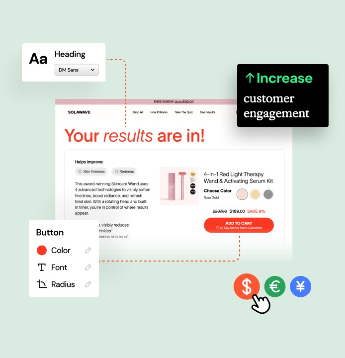 A UI showcasing a skin type filter and personalized product recommendations. The filter menu includes options like "All," "Normal," "Dry," "Oily," and "Sensitive," with "Normal" and "Oily" selected. Below, product cards display skincare items tagged with the selected skin types.