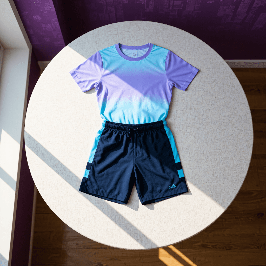 product photography of set of sportswear consisting of a t-shirt and shorts