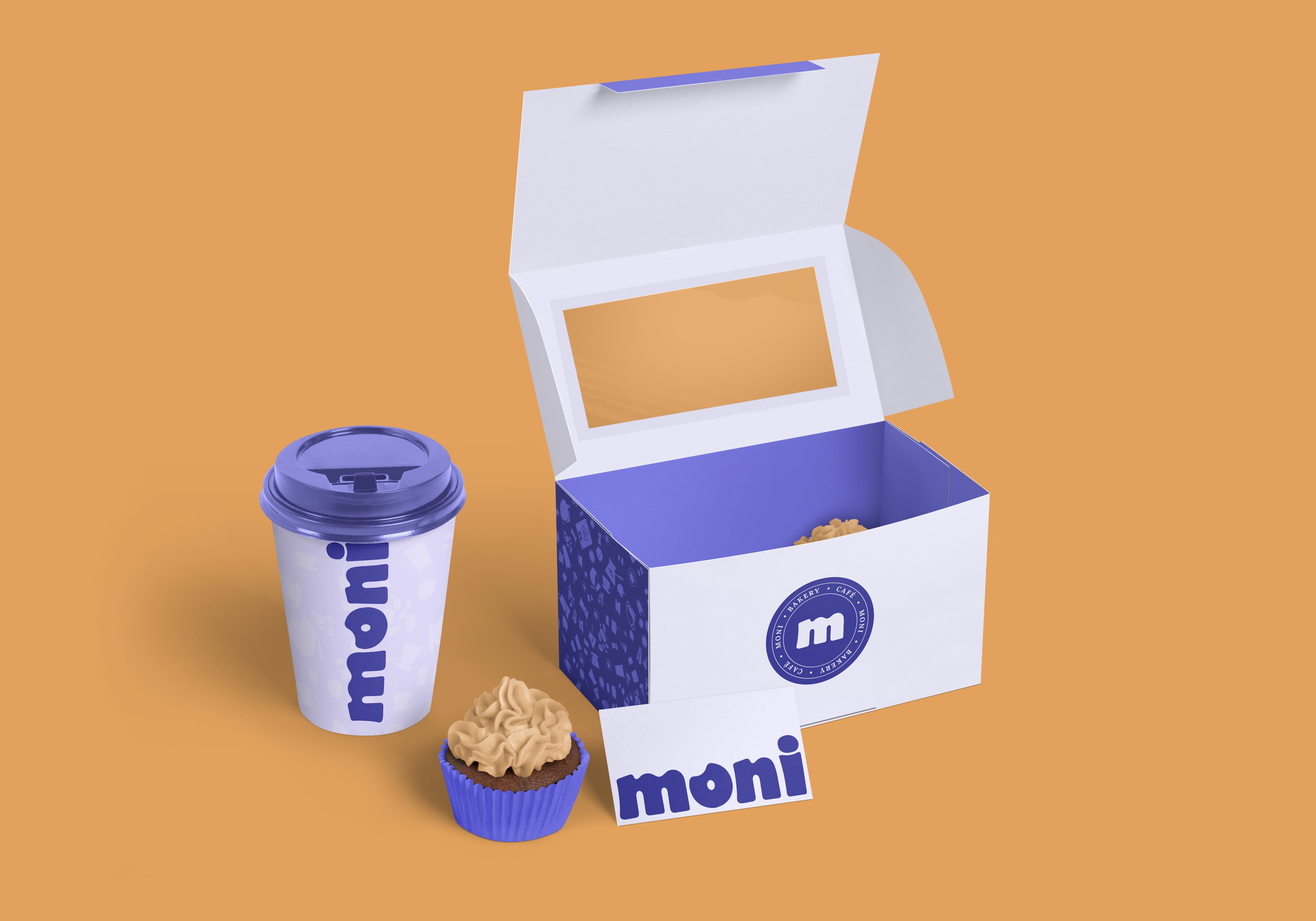 Cafe And Bakery Pastry Box With Cupcakes, Business Card, Violet Coffee Cup, Moni