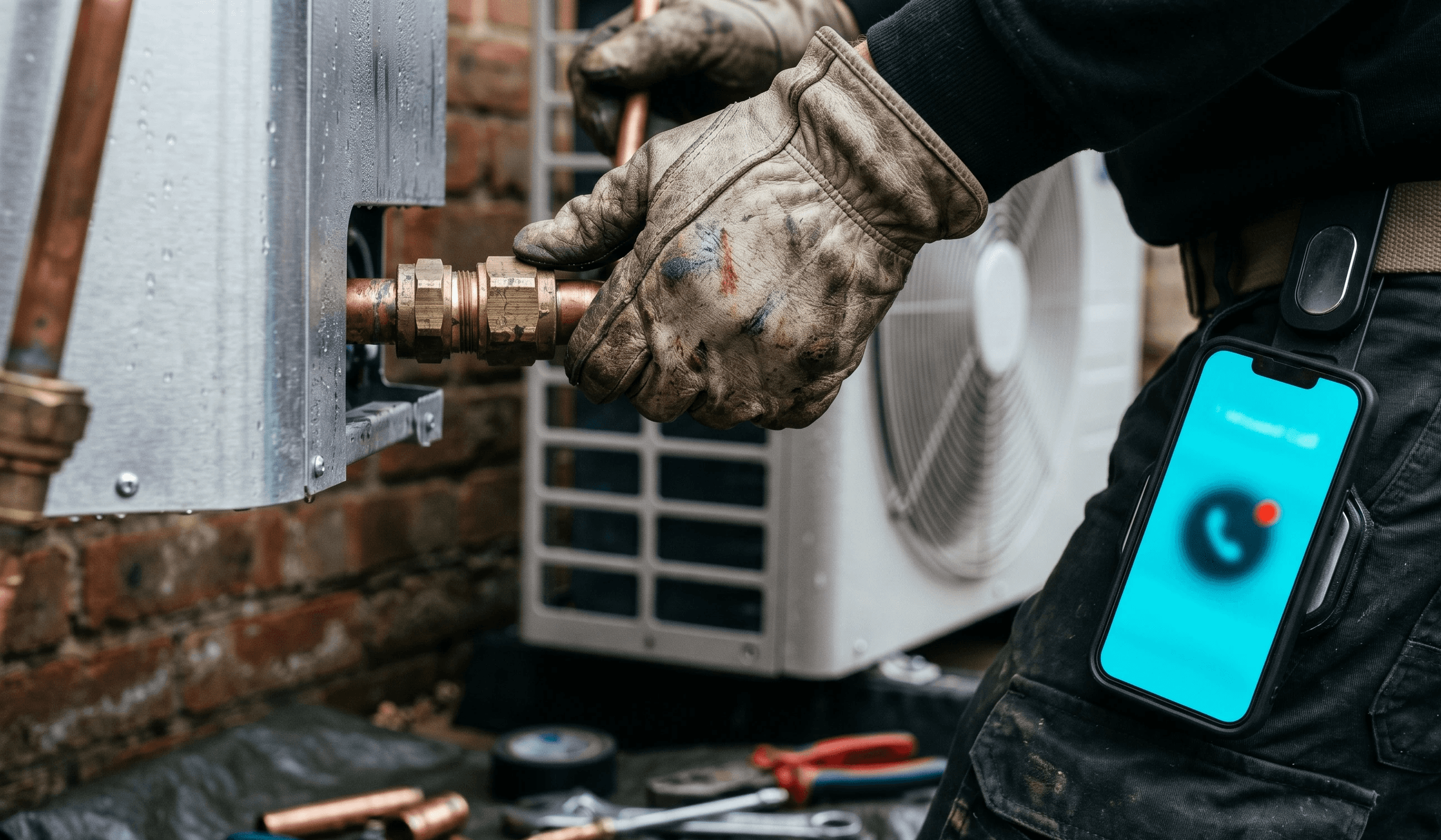 Heat pump engineer working with smartphone showing missed call notification — represents quote requests lost during on-site jobs.