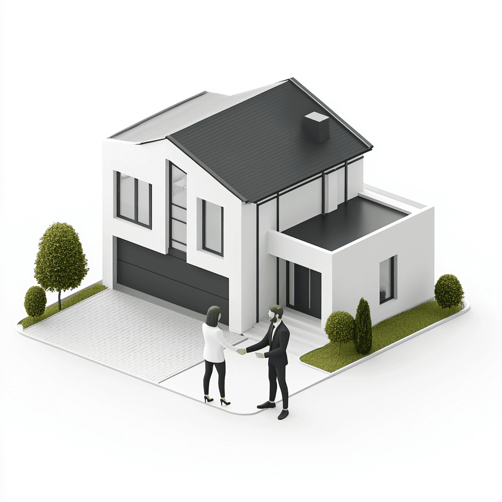 Illustration einer Übergabe eines neu sanierten Hauses