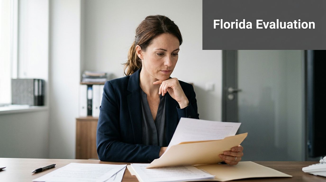 A professional woman sitting at a desk carefully reviewing a document in a bright office setting.