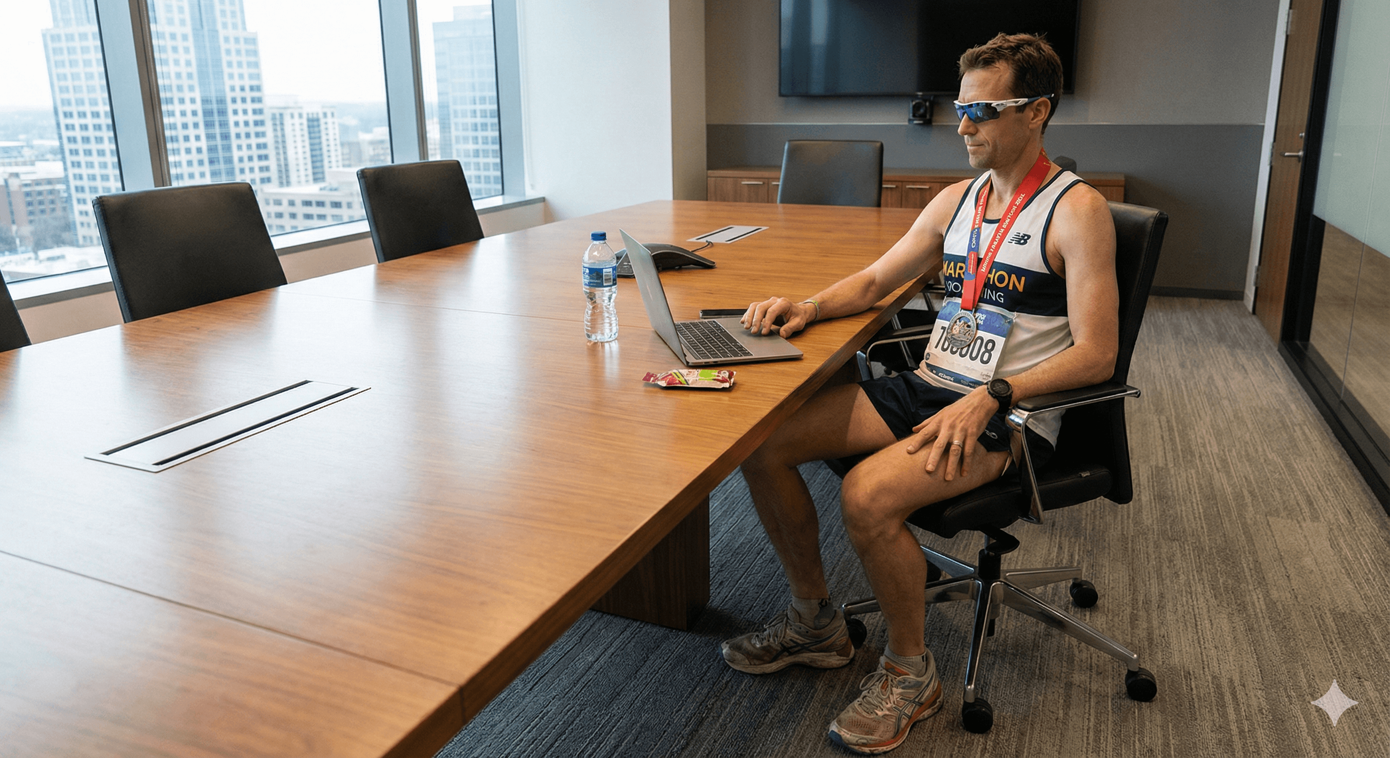 A man in athletic gear and a race bib works on a laptop in a modern conference room, embodying the fusion of fitness and technology.