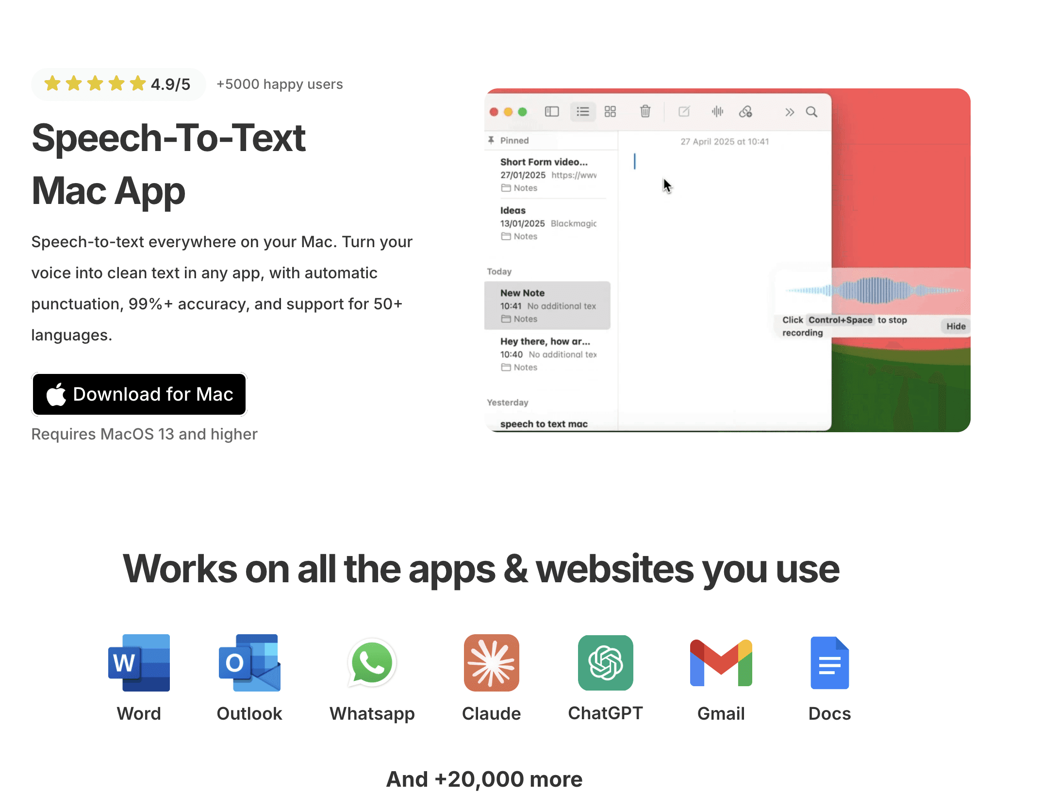 Voicy Speech to Text Mac App Homepage screenshot