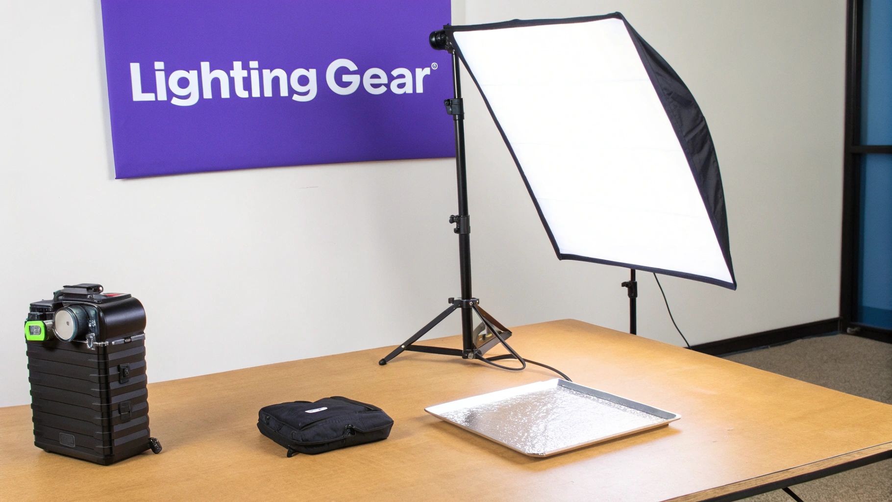 A product photography setup with a camera pointed at a small item on a sweep background, lit by a single large softbox.