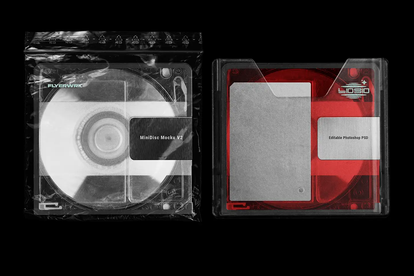 Mini Disc Mockup featuring a red translucent variant and a version inside a sealed plastic bag