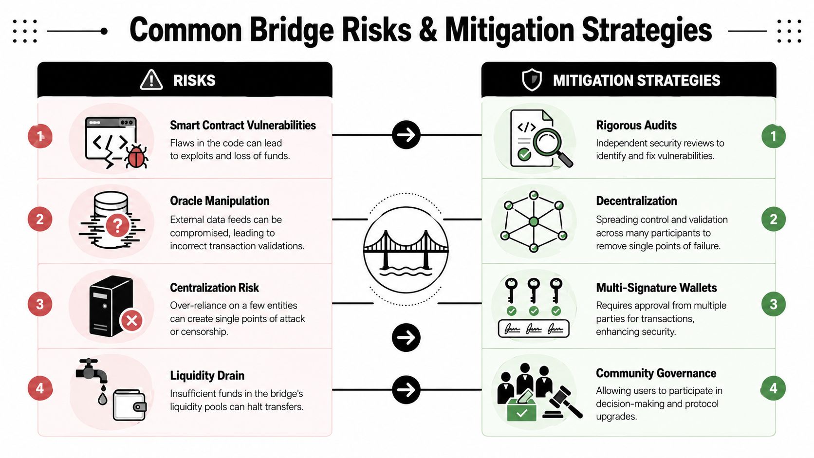 A diagram comparing four common blockchain bridge risks and their corresponding security mitigation strategies.