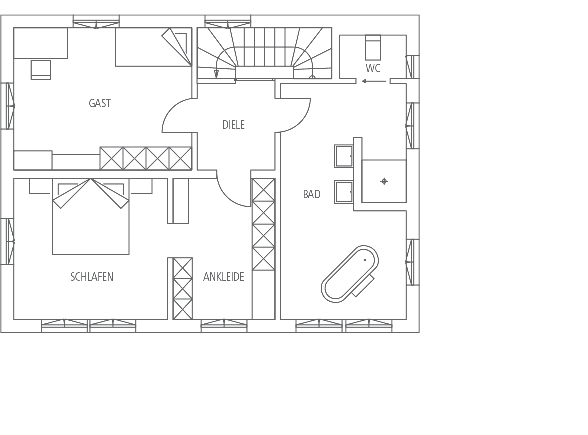 Grundriss eines Hauses mit Gästezimmer, Diele, Treppenhaus, WC, Bad, Schlafzimmer und einem begehbaren Kleiderschrank.