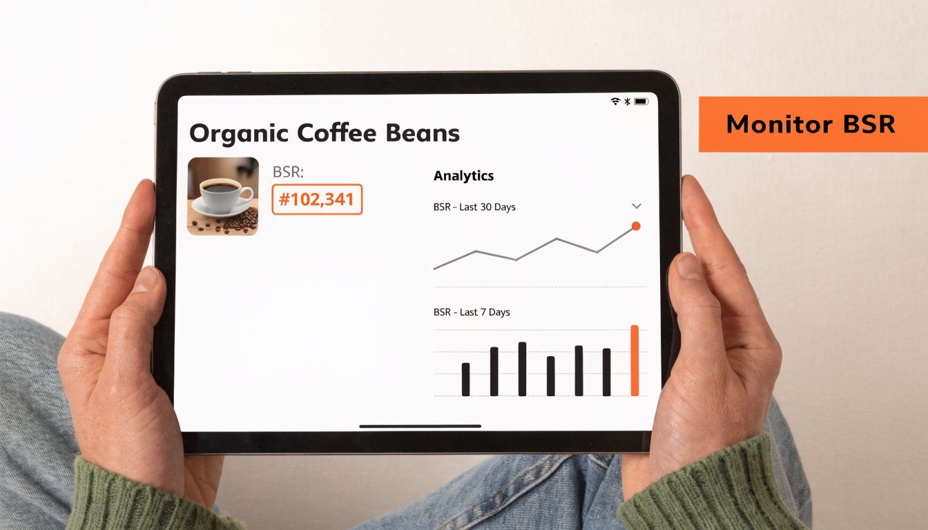 A person holding a tablet displaying a dashboard tracking Amazon bestseller rankings for organic coffee beans.