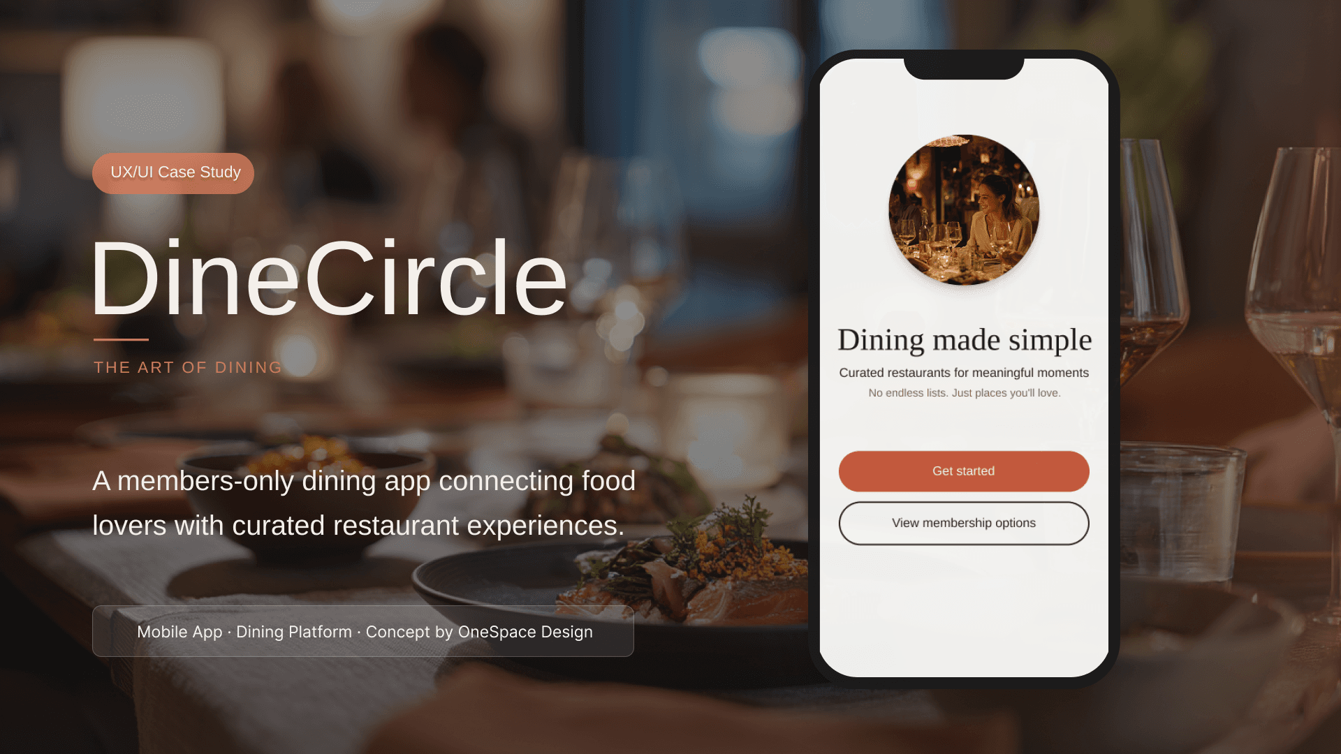 DineCircle UX process presentation slide showing user research insights, journey mapping, wireframes, and final UI screens
